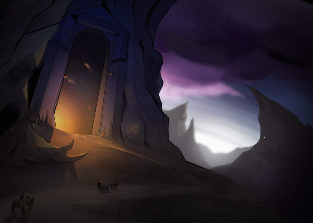 Digital art of a large gate carved into a mountain towering over merchants as they make their way towards it.