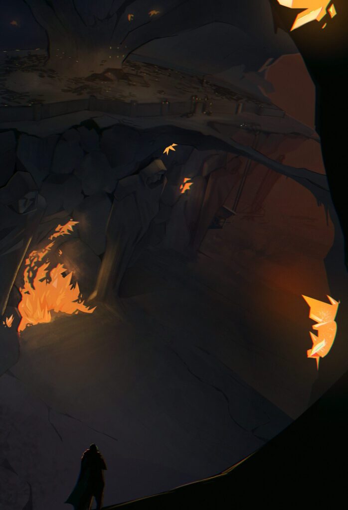 Digital art of the Underearth. A guard looks into the distance. Fiery crystals illuminate statues protruding from walls.