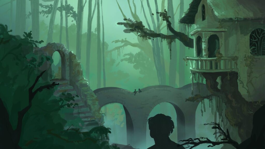 Digital art of the verdant Deepwoods with tall trees. A shadowy silhouette overlooks an arched bridge and a building wrapped in vine.