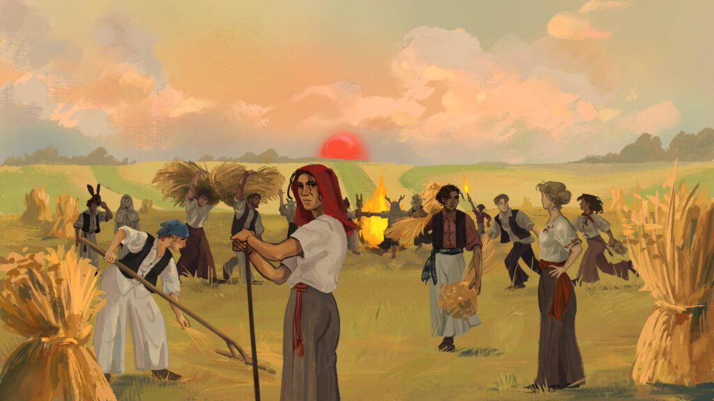 A hazy sun sets below the Great Plain. Workers carry bundles of hay. A person stares wearily at you in the foreground. People in animal masks dance around a fire in the distance.